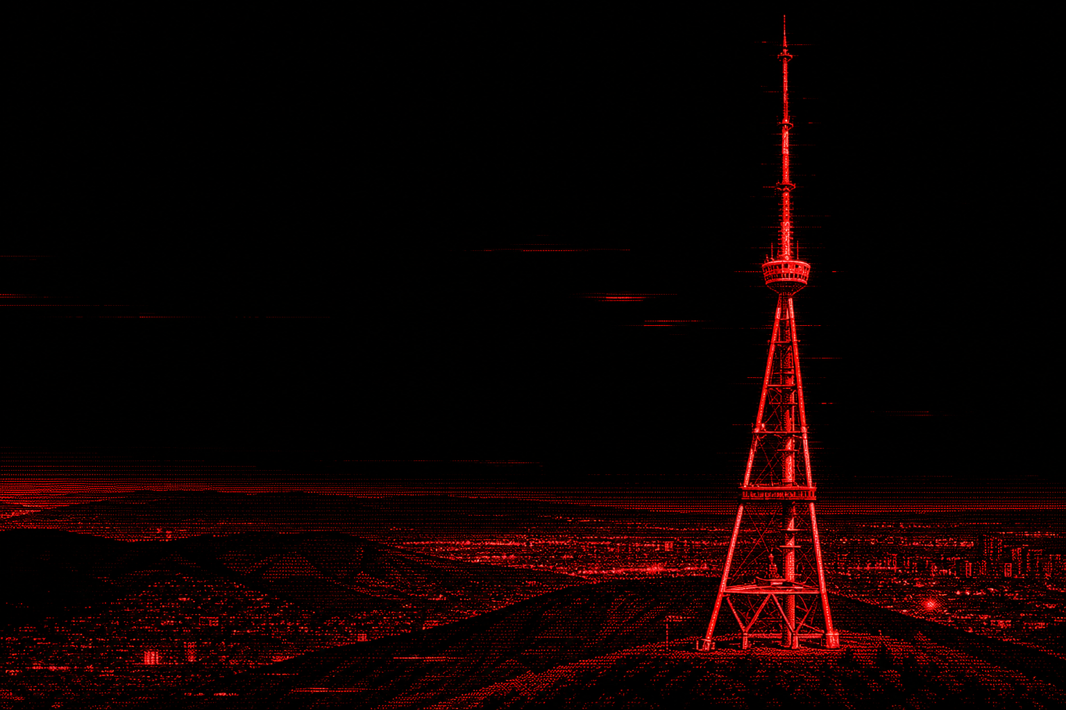 The Tbilisi TV broadcasting tower rendered in a red glitched dither